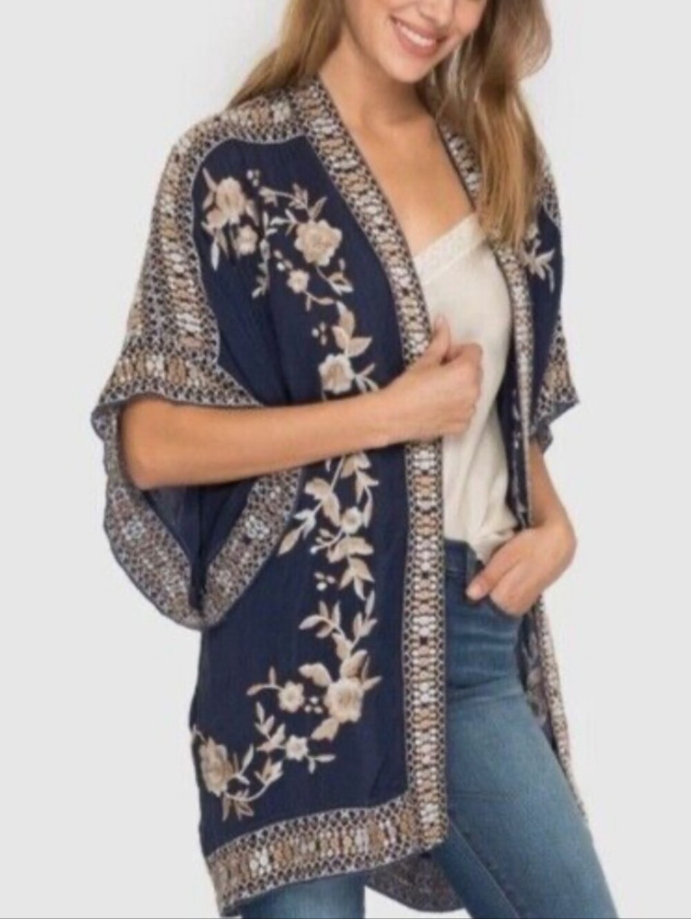 Johnny Was 💙 Kayo Navy Kimono Cardigan with Gold and Cream Embroidery Size XS